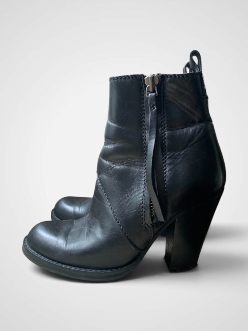 Acne Black Leather High Heeled Ankle Boots, Size 39